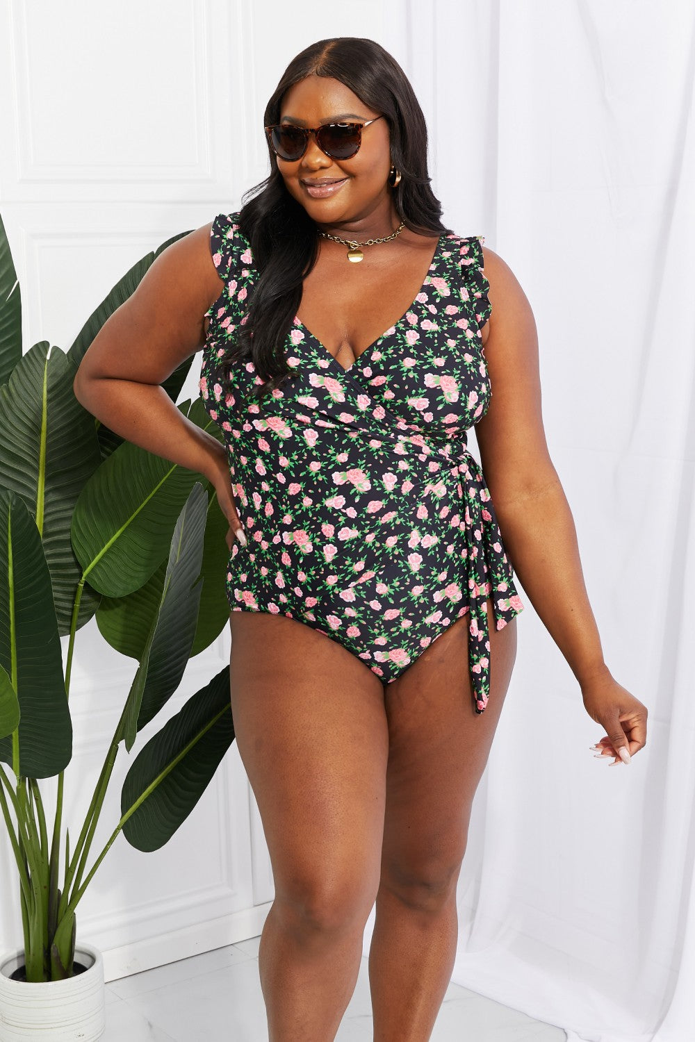 Full Size Float On Ruffle Faux Wrap One-Piece in Floral