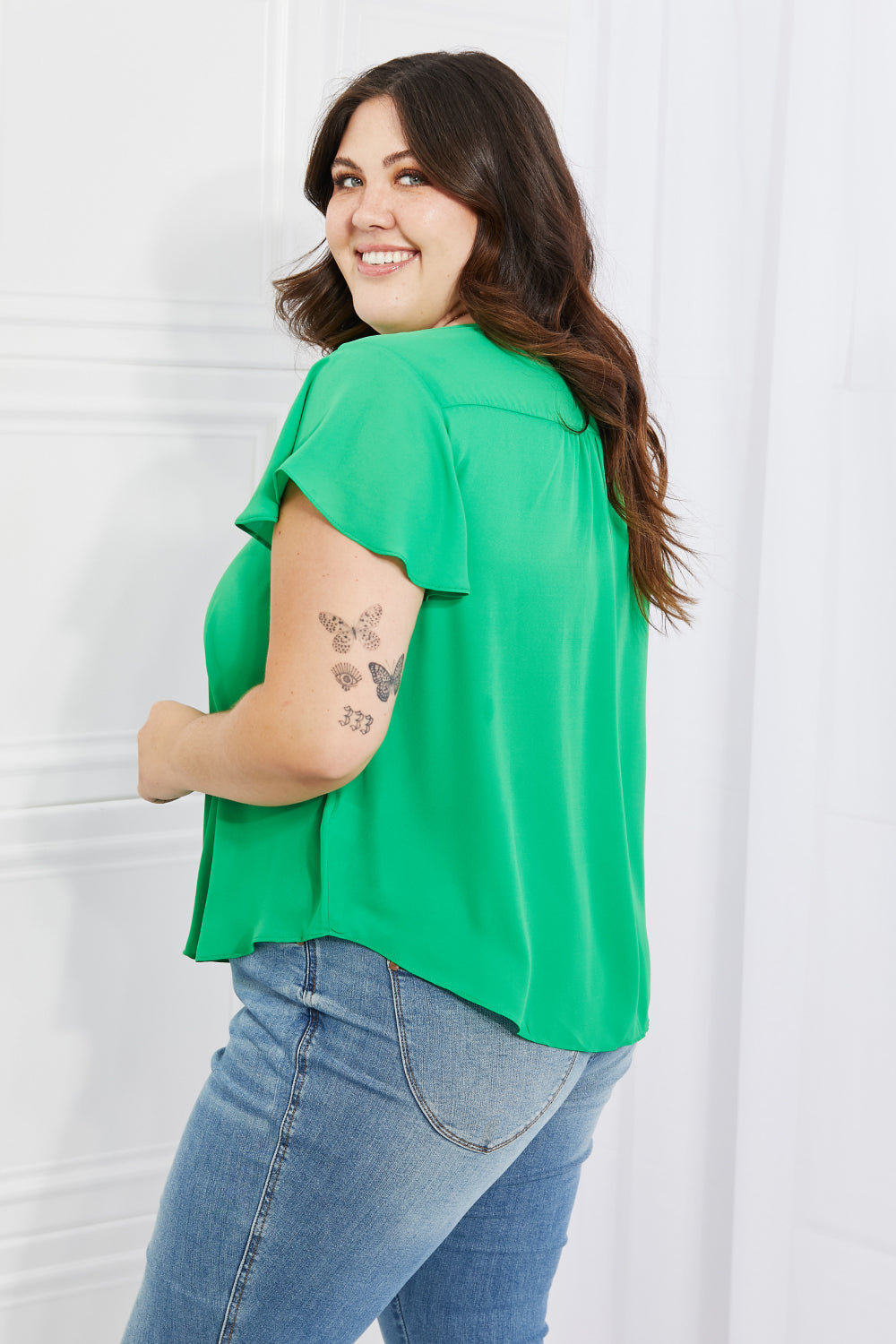 Just For You Full Size Short Ruffled sleeve length Top in Green
