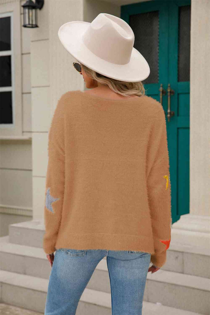 Star Pattern Round Neck Fuzzy Sweater