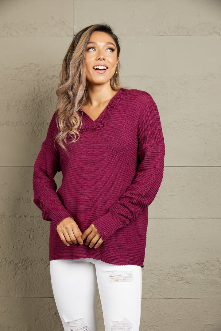 Horizontal Ribbing Fringe Trim Hooded Sweater