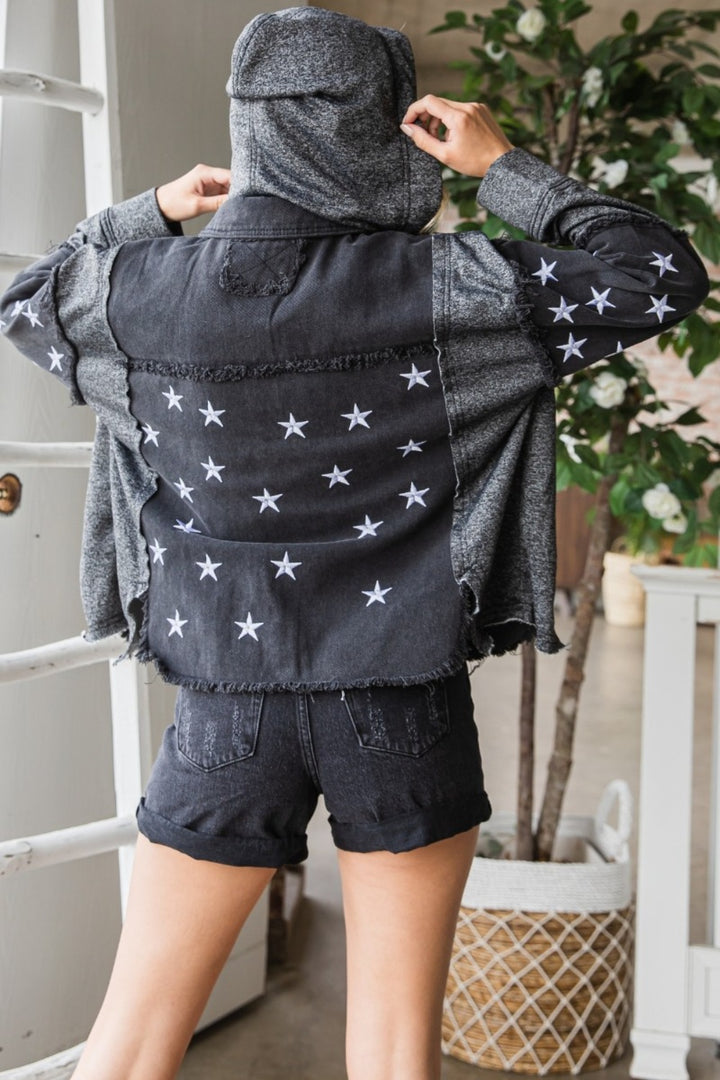 Star Embroidered Hooded Denim Jacket