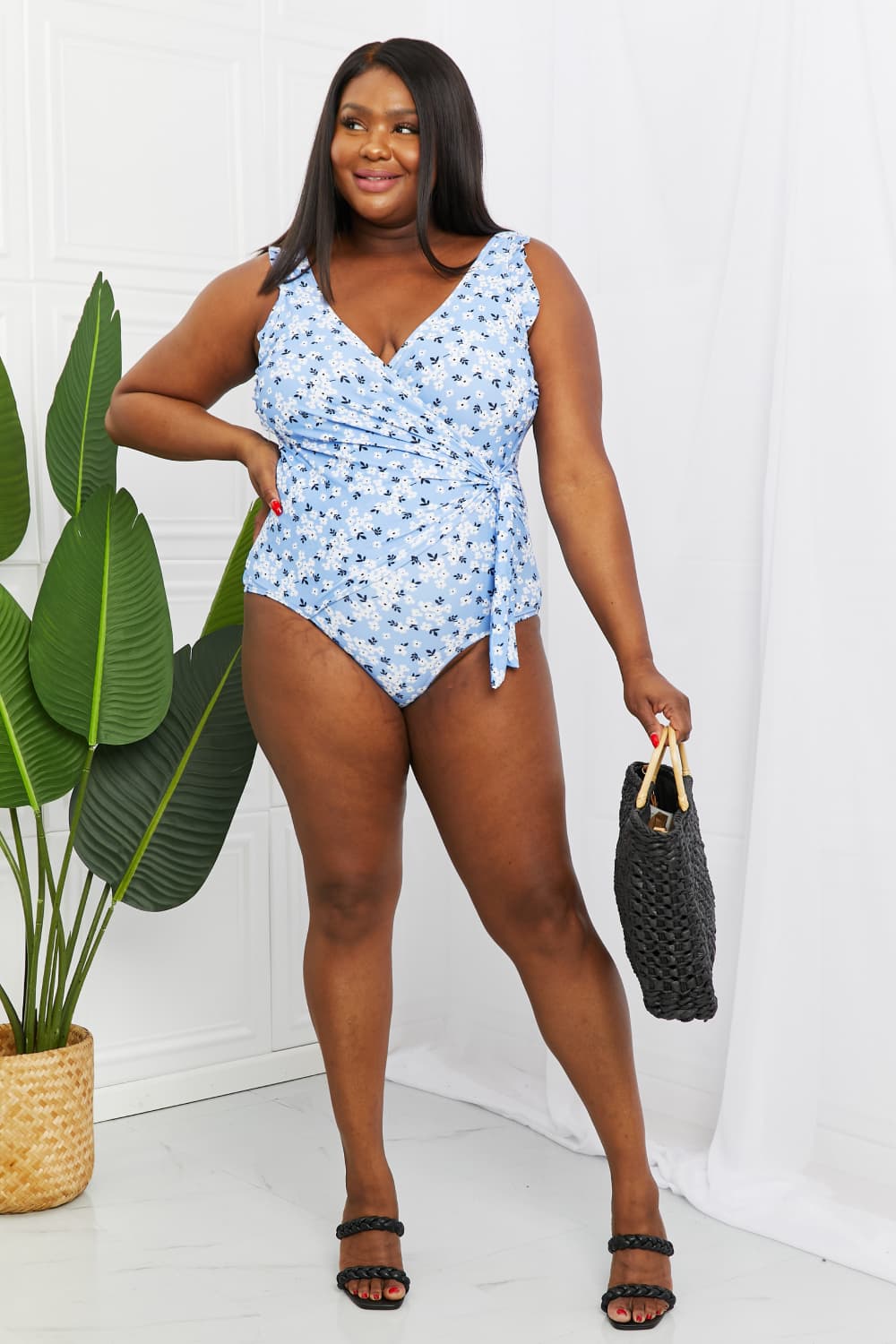 Full Size Float On Ruffle Faux Wrap One-Piece in Blossom Blue