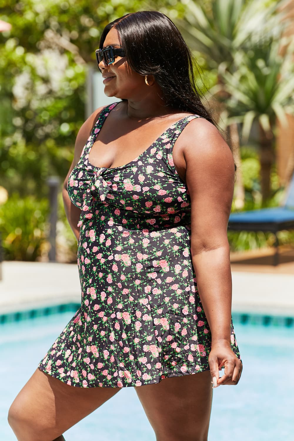 Full Size Clear Waters Swim Dress in Black Roses