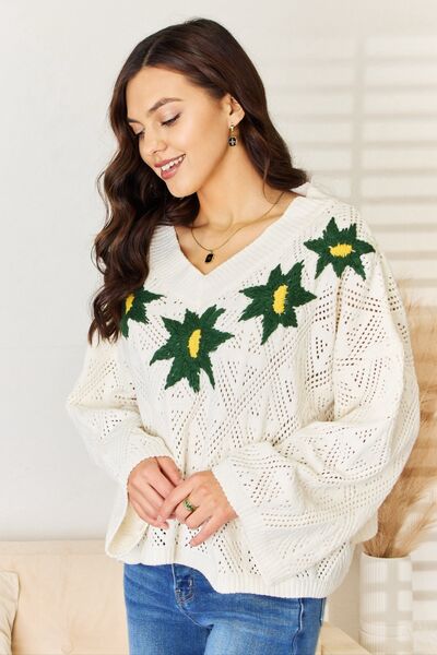 Floral Embroidered Pattern V-Neck Sweater