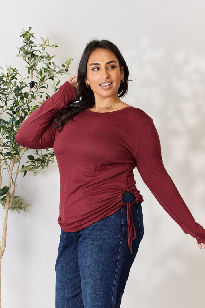 Full Size Drawstring Round Neck Long Sleeve Top