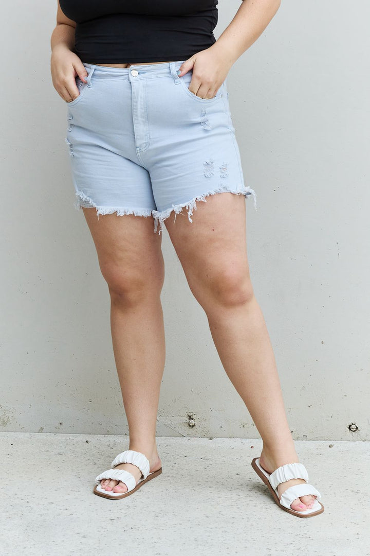 Katie Full Size High Waisted Distressed Shorts in Ice Blue