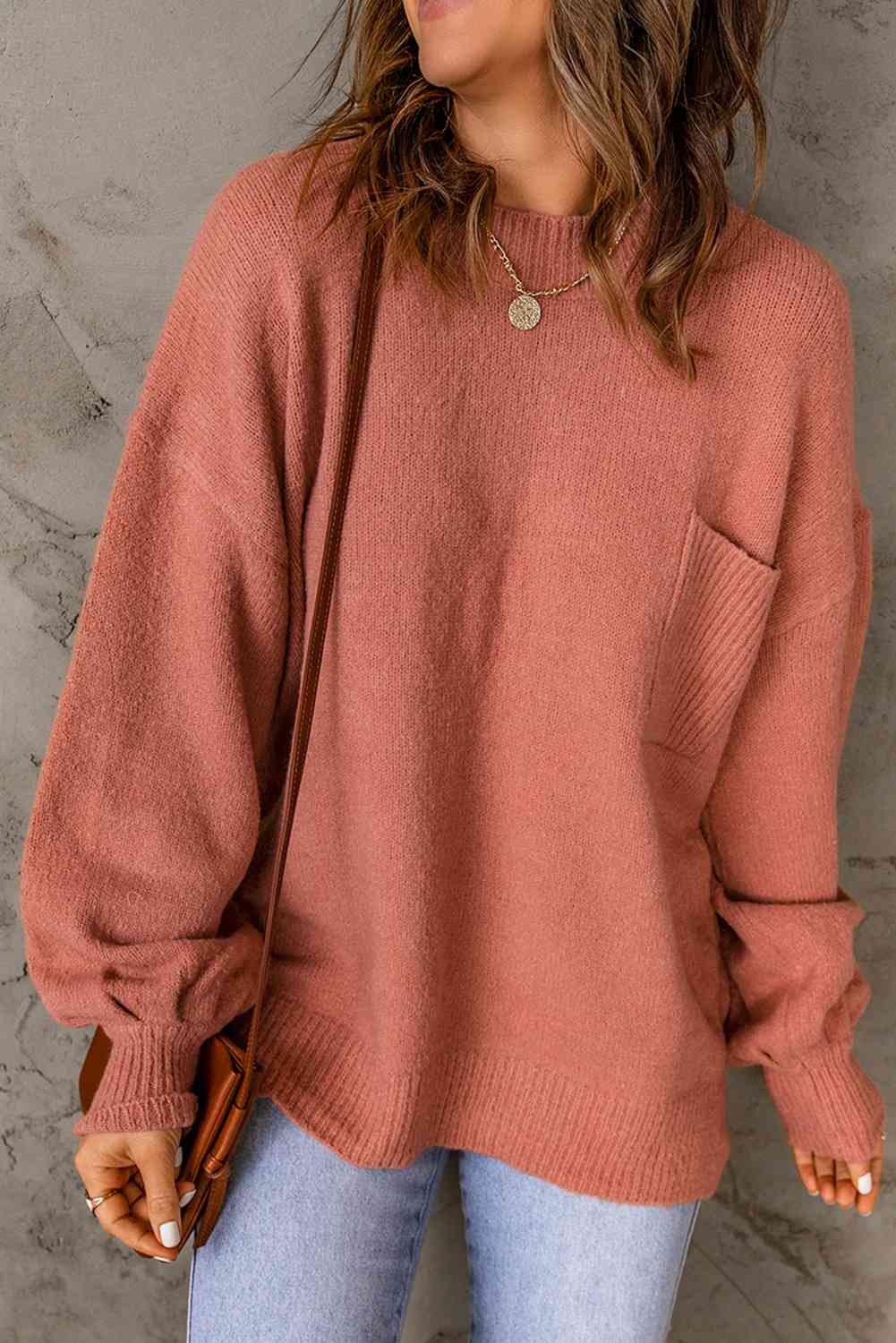 Ribbed Trim Lantern Sleeve Pocketed Sweater