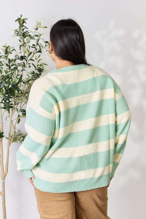 Full Size Contrast Striped Round Neck Sweater