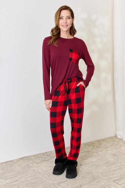Full Size Plaid Round Neck Top and Pants Pajama Set