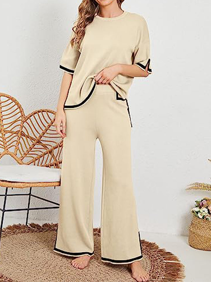 Contrast High-Low Sweater and Knit Pants Set