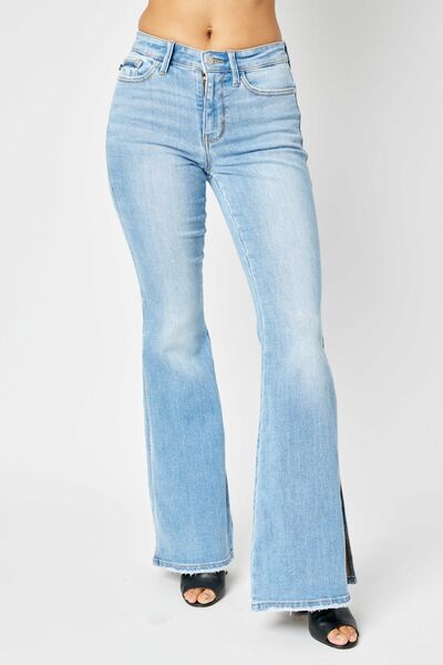 Full Size Mid Rise Raw Hem Slit Flare Jeans