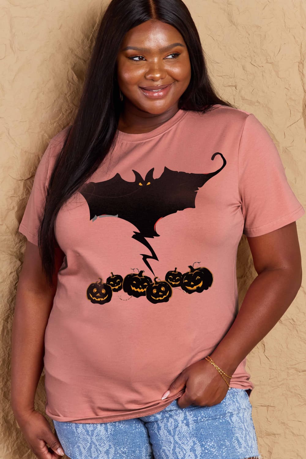 Full Size Bat & Pumpkin Graphic Cotton T-Shirt