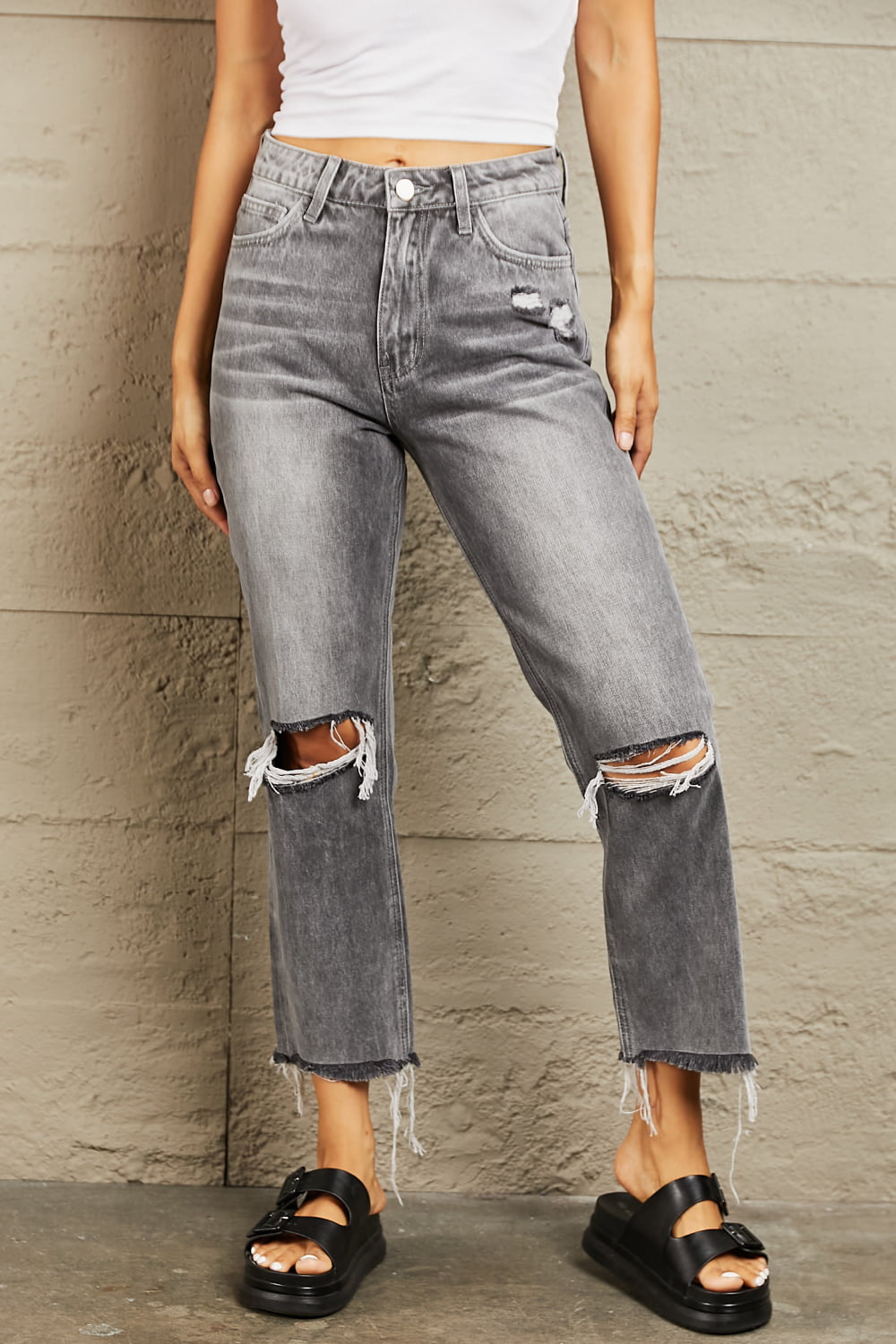 Stone Wash Distressed Cropped Straight Jeans