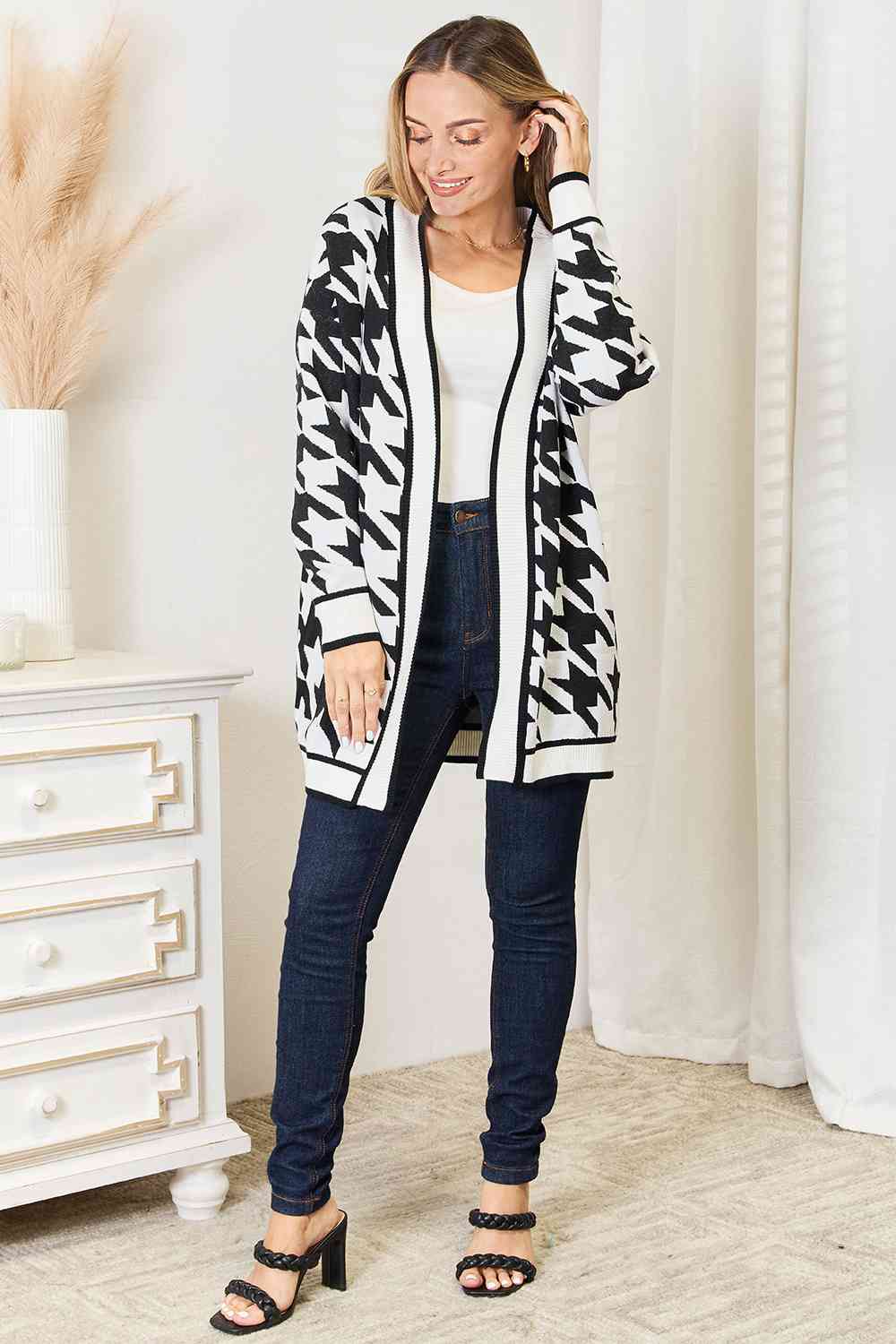 Houndstooth Open Front Longline Cardigan