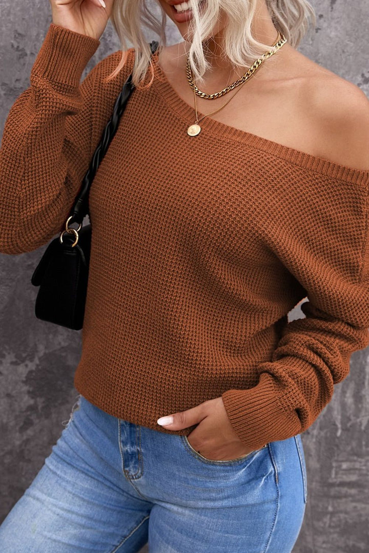 Heathered Long Lantern Sleeve Rib-Knit Sweater