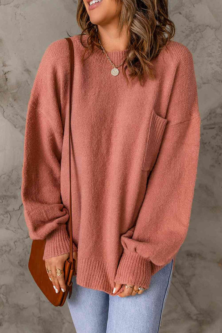 Ribbed Trim Lantern Sleeve Pocketed Sweater