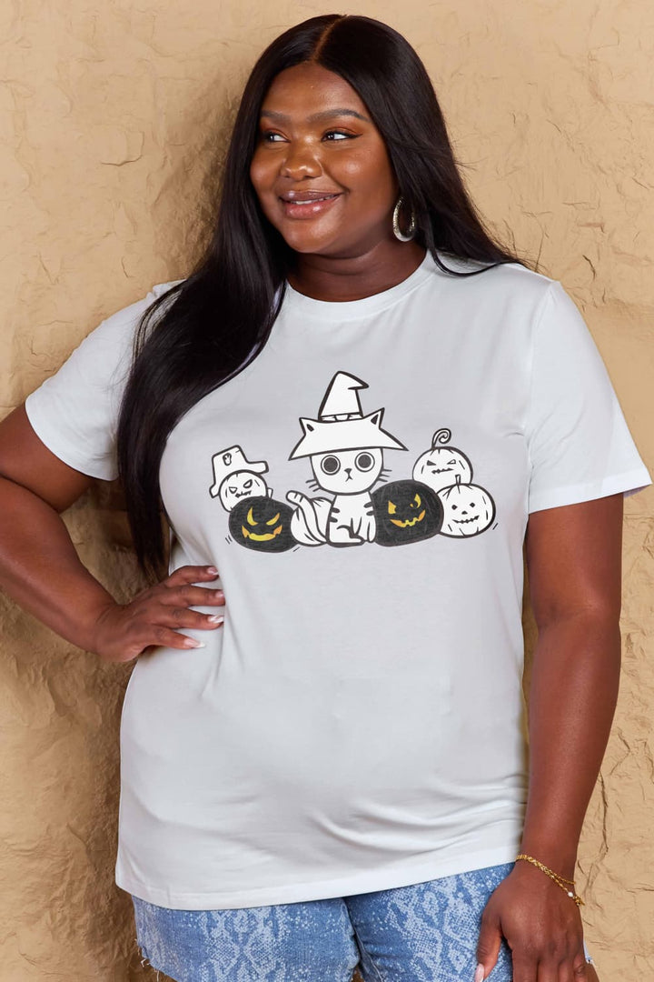 Full Size Cat & Pumpkin Graphic Cotton T-Shirt