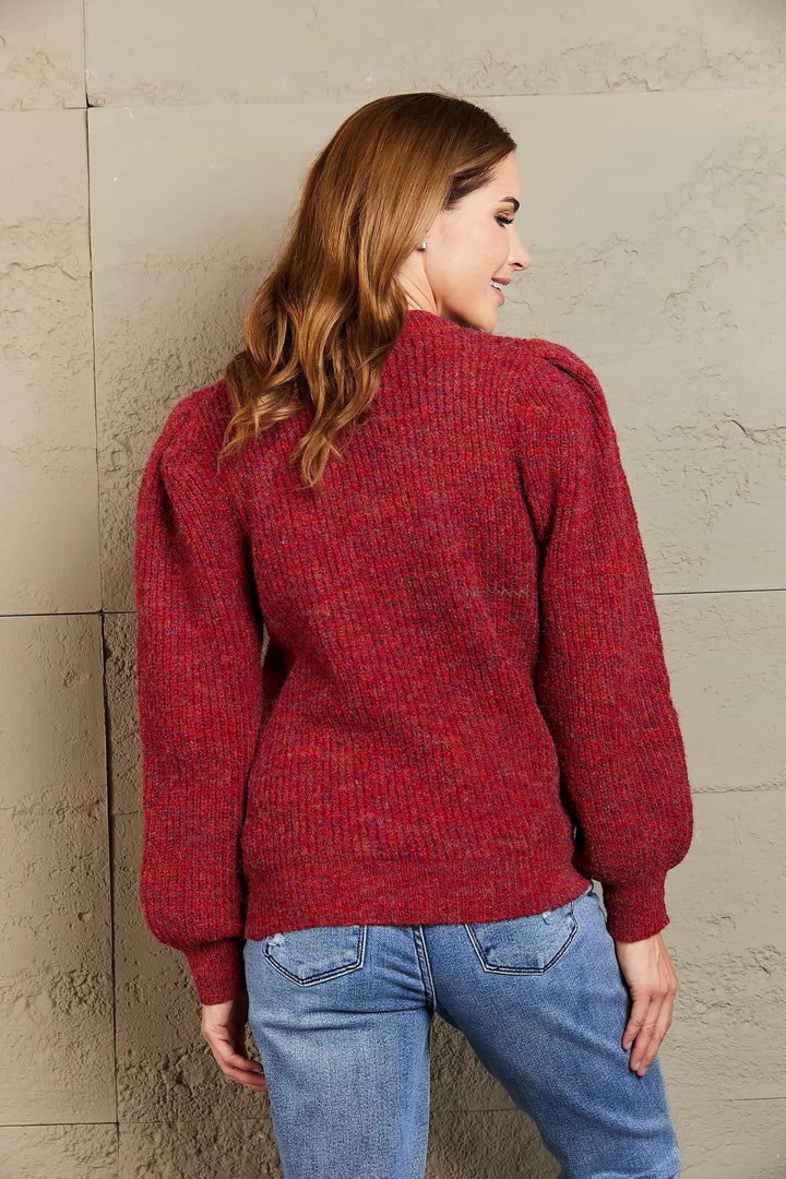 Heathered Long Lantern Sleeve Rib-Knit Sweater