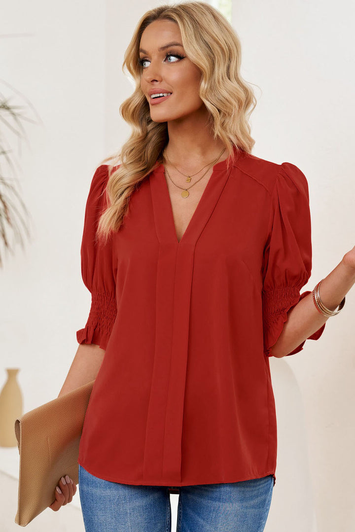 Smocked Flounce Sleeve Notched Neck Blouse