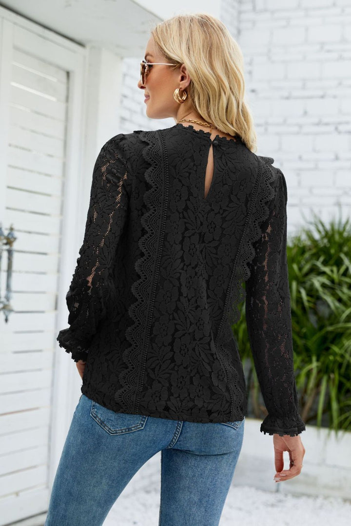 V-Neck Flounce Sleeve Lace Top