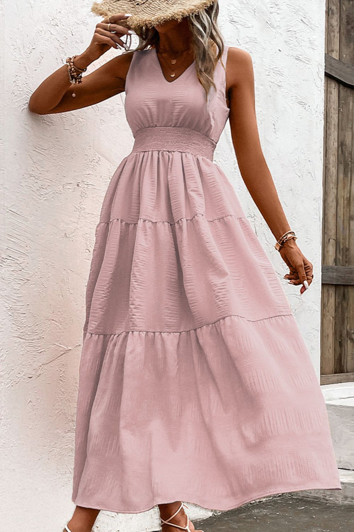 V-Neck Smocked Waist Sleeveless Tiered Dress