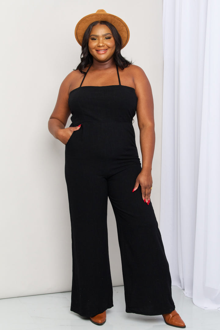 Full Size Halter Neck Wide Leg Jumpsuit with Pockets