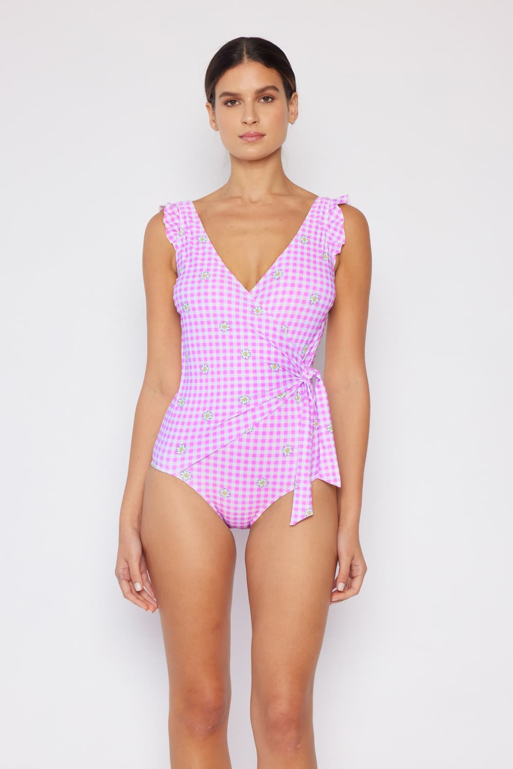 Full Size Float On Ruffle Faux Wrap One-Piece in Carnation Pink