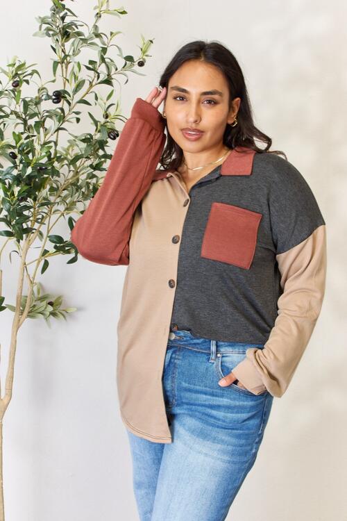 Full Size Color Block Button Down Shacket