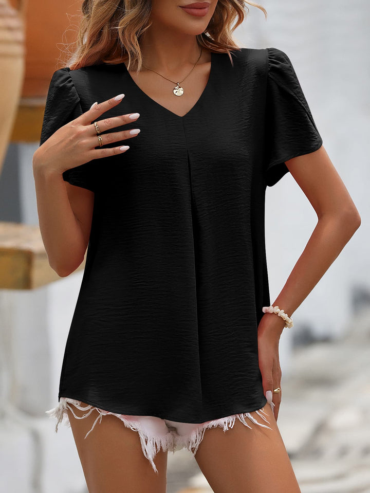 Ruche V-Neck Petal Sleeve Top