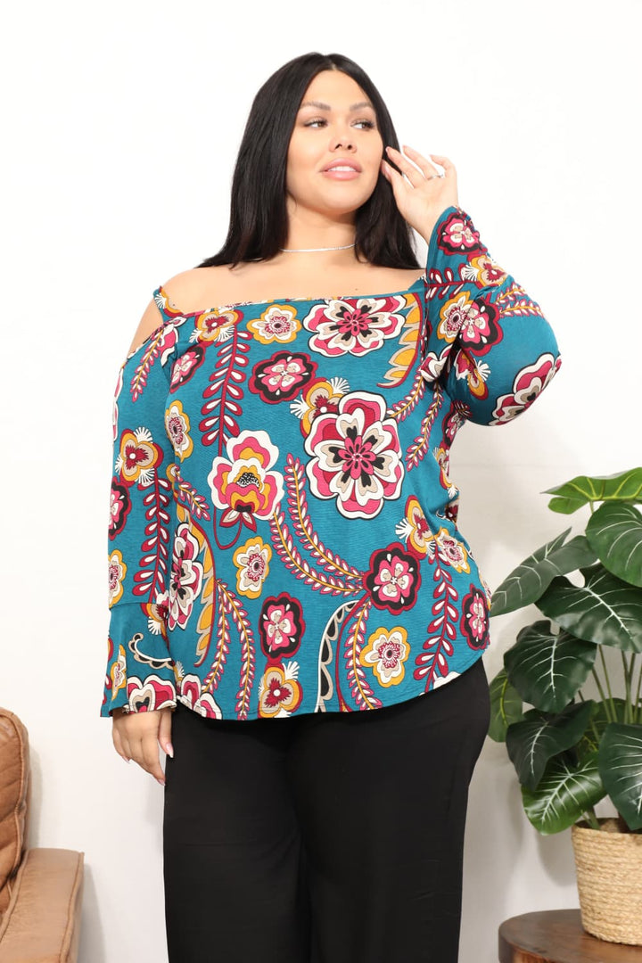 Full Size Floral Cold Shoulder Blouse