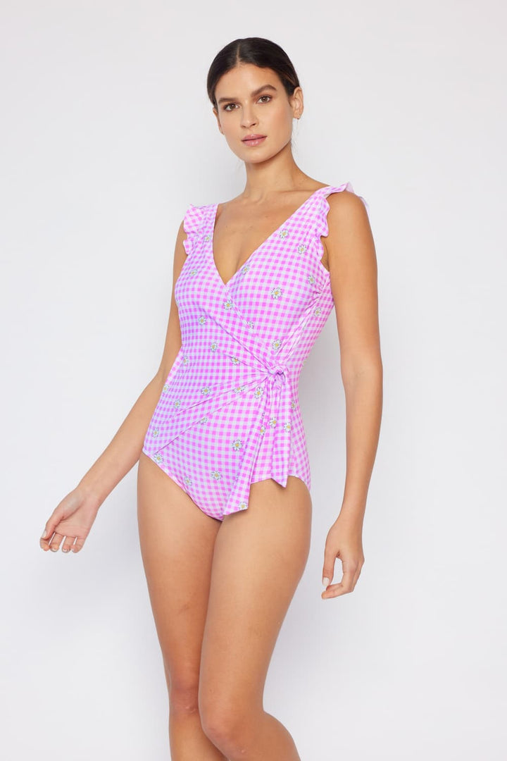 Full Size Float On Ruffle Faux Wrap One-Piece in Carnation Pink