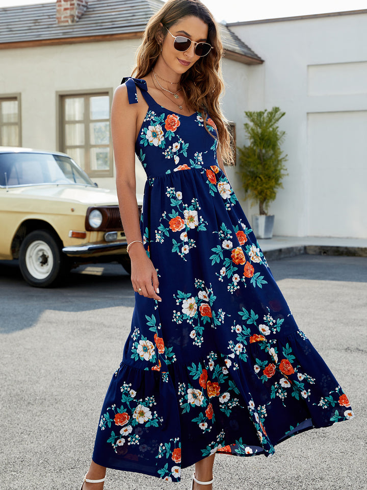 Floral Tie-Shoulder Sleeveless Midi Dress