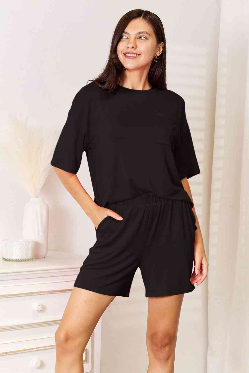 Full Size Soft Rayon Half Sleeve Top and Shorts Set