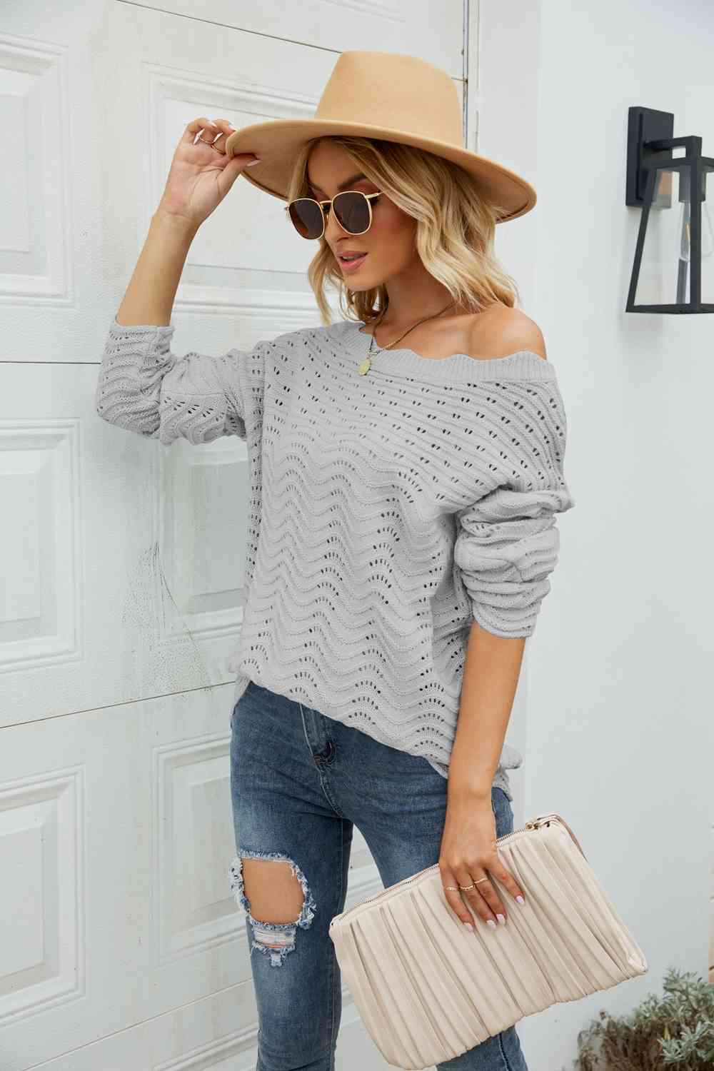 Woven Right Scalloped Boat Neck Openwork Tunic Sweater