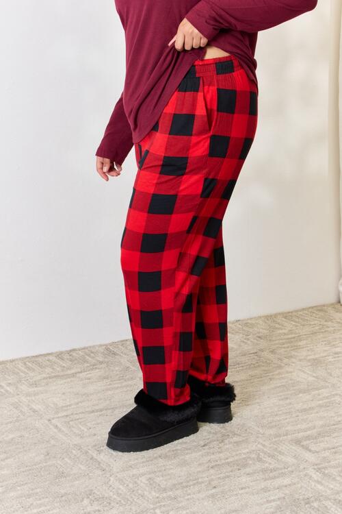 Full Size Plaid Round Neck Top and Pants Pajama Set