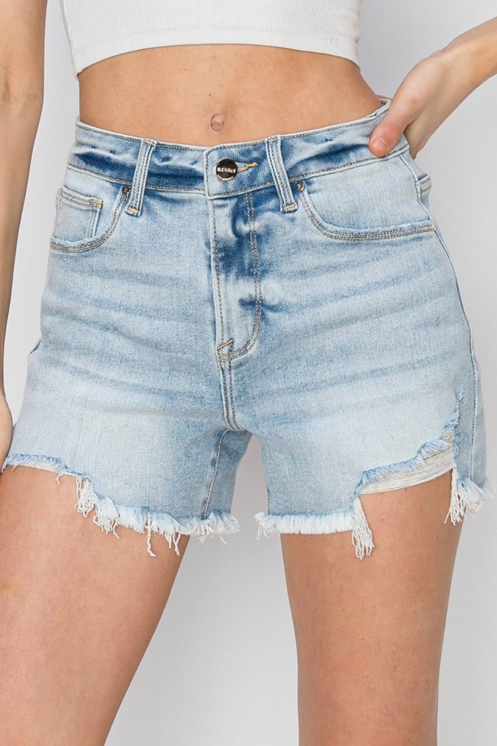 High Waist Frayed Detail Denim Shorts