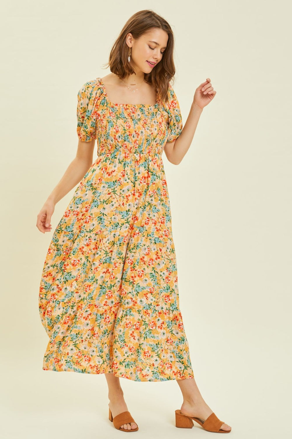 Full Size Floral Smocked Tiered Midi Dress