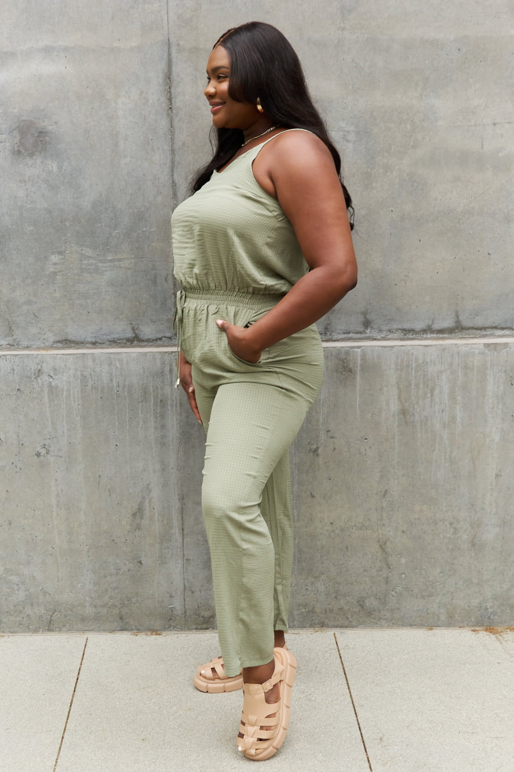 Full Size Textured Woven Jumpsuit in Sage