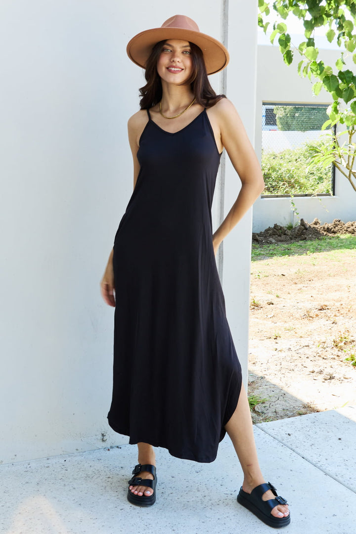 Good Energy Full Size Cami Side Slit Maxi Dress in Black