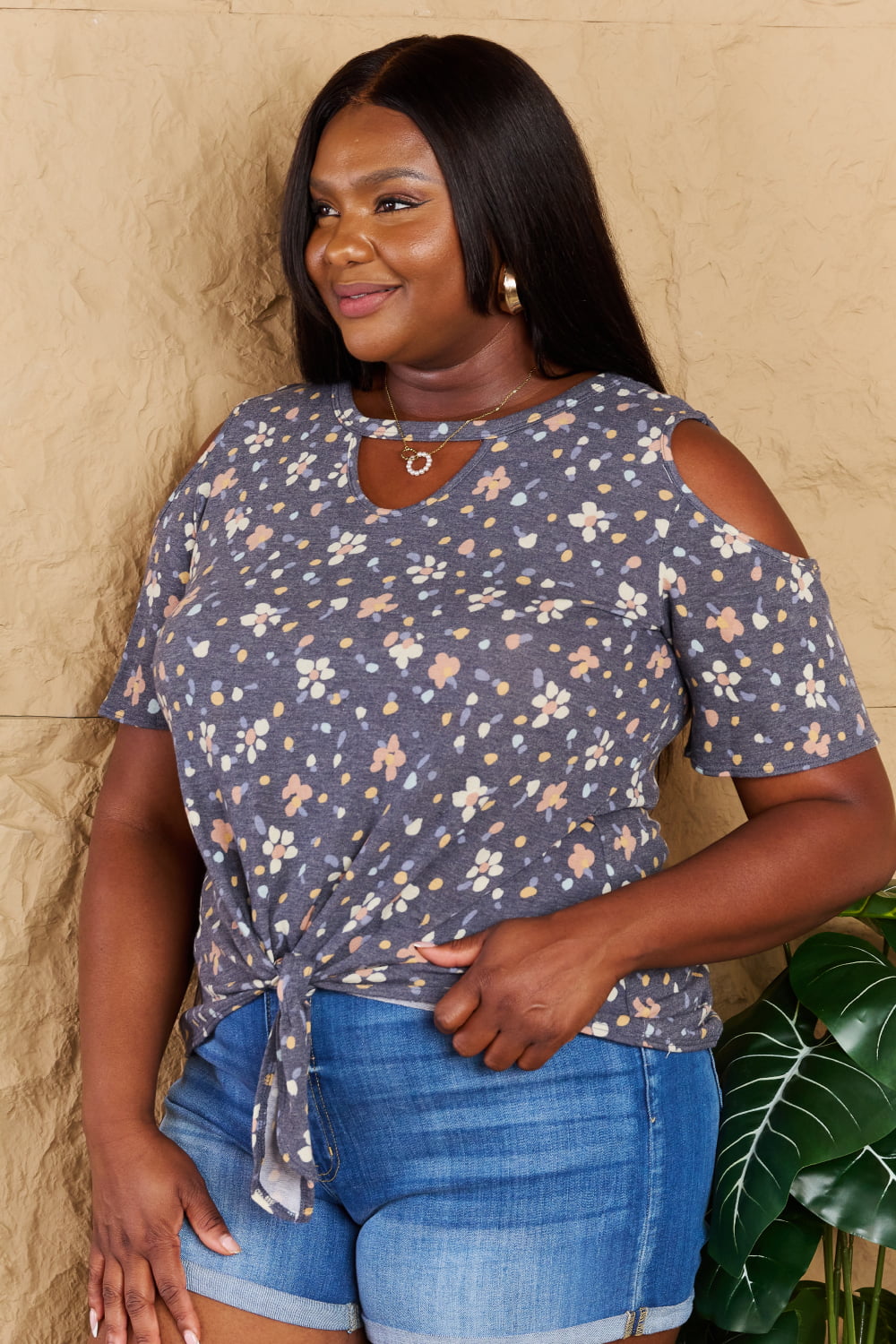 On My Own Full Size Cold Shoulder Keyhole Floral Print Top