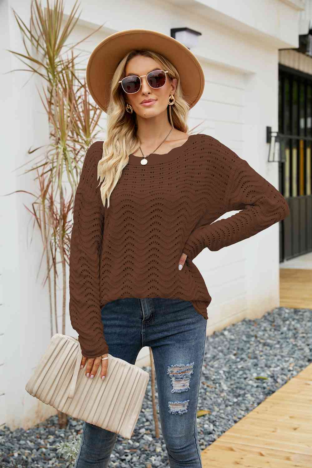 Woven Right Scalloped Boat Neck Openwork Tunic Sweater