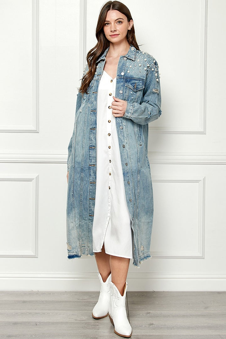 Full Size Distressed Raw Hem Pearl Detail Button Up Jacket