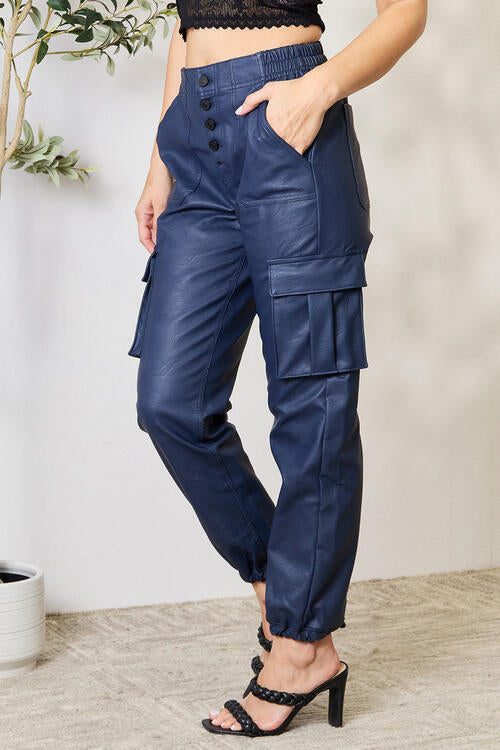 High Waist Faux Leather Cargo Joggers