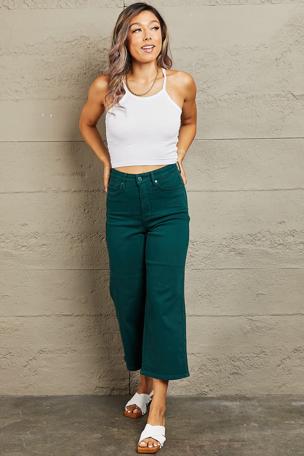 Hailey Full Size Tummy Control High Waisted Cropped Wide Leg Jeans