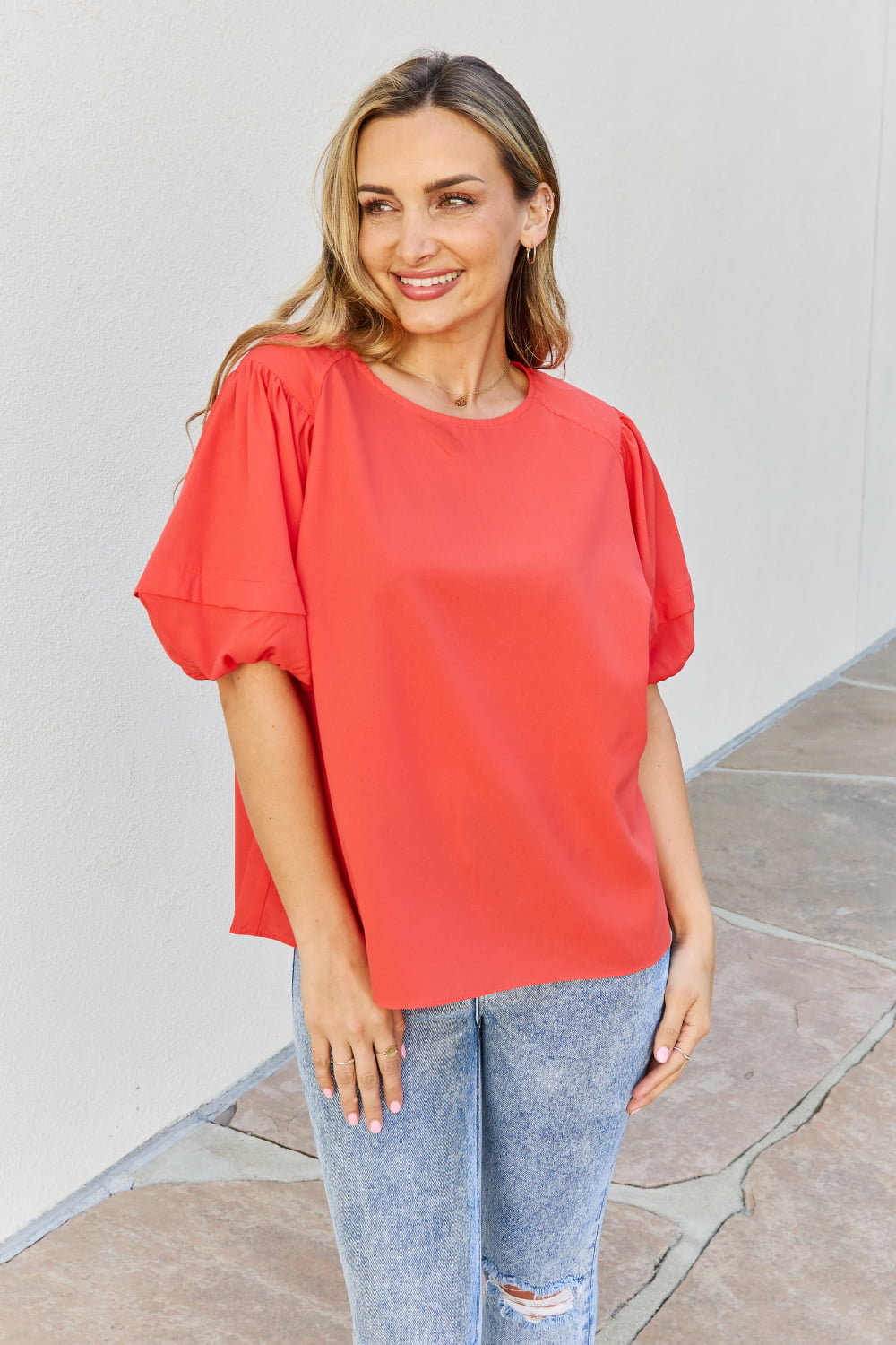 Sweet Innocence Full Size Puff Short Sleeve Top In Tomato