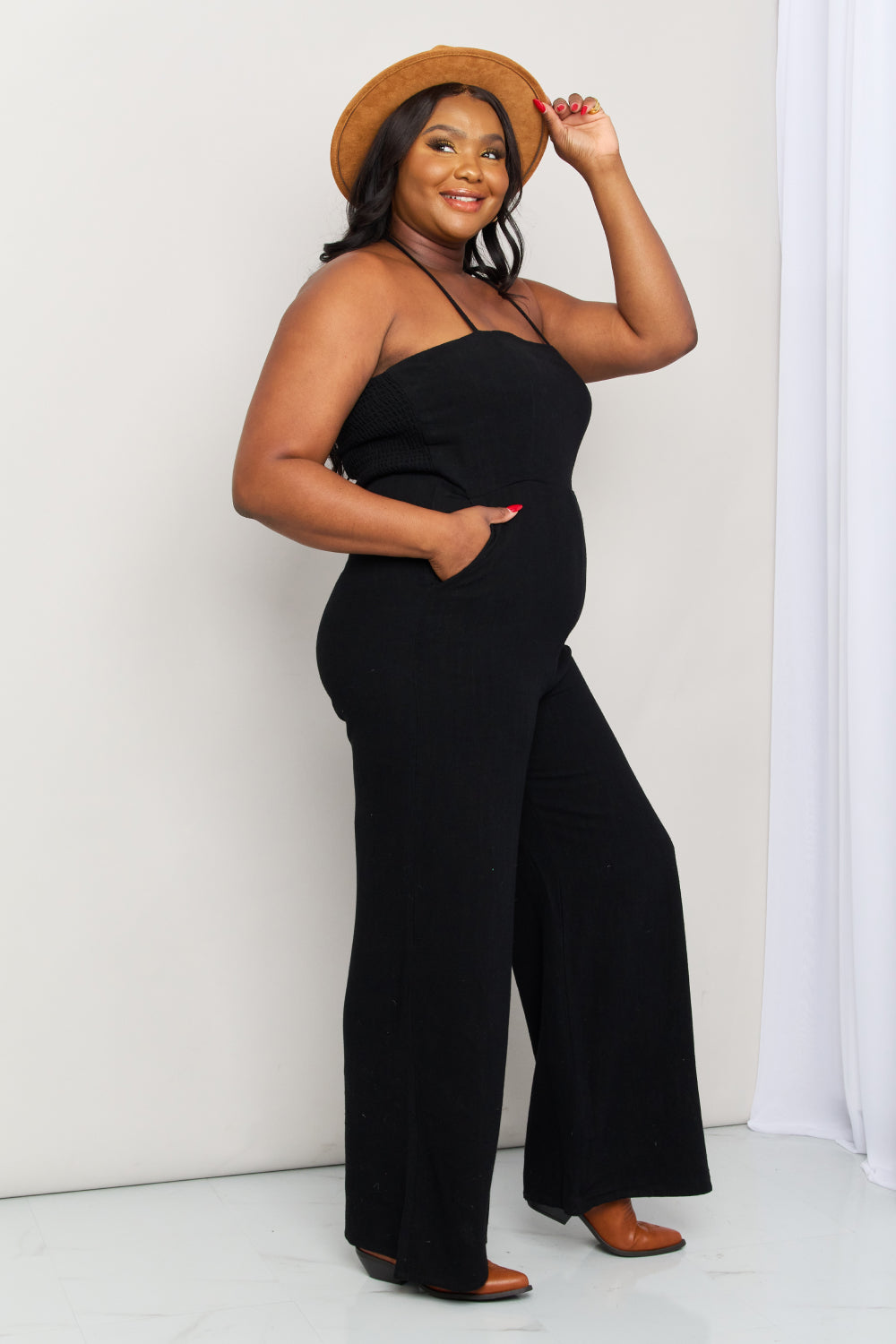 Full Size Halter Neck Wide Leg Jumpsuit with Pockets