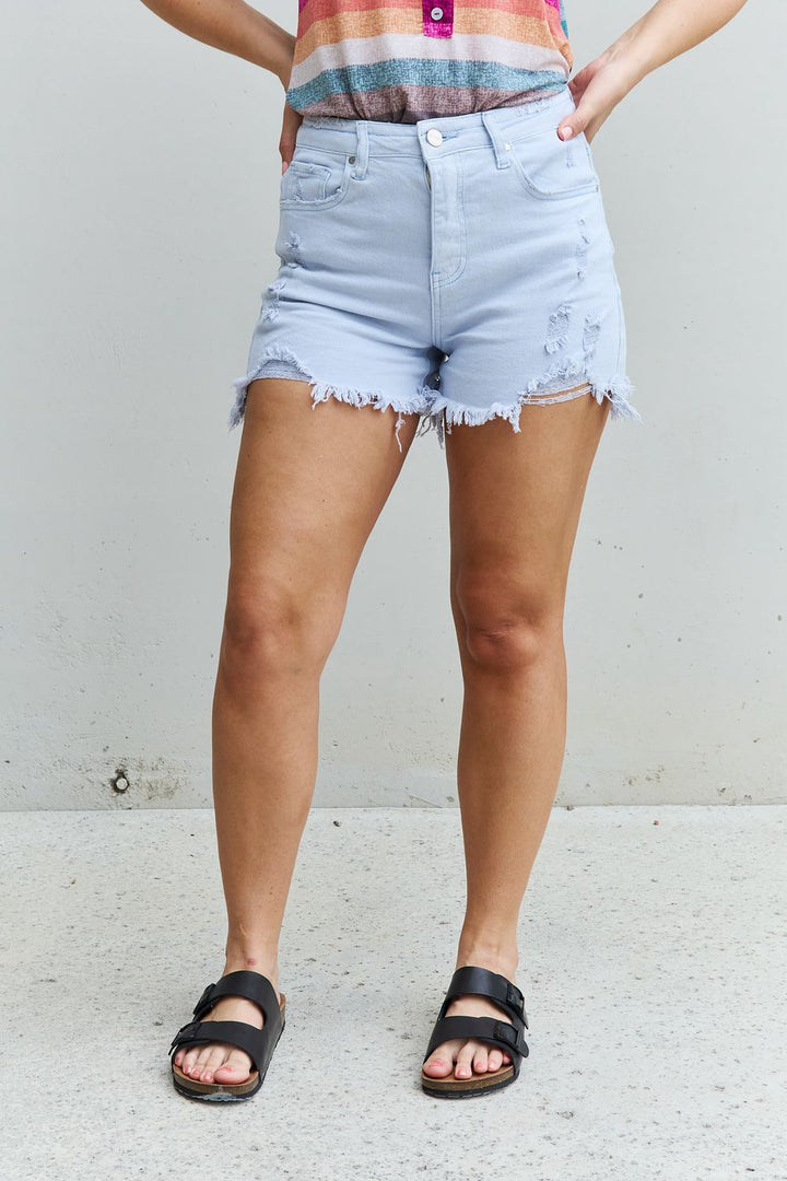 Katie Full Size High Waisted Distressed Shorts in Ice Blue