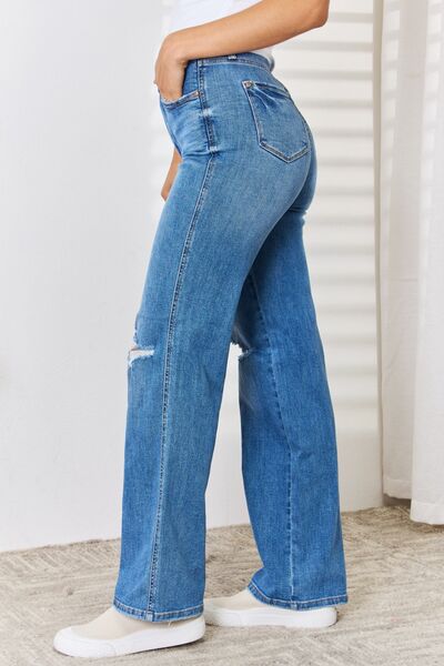 Full Size High Waist Distressed Straight-Leg Jeans