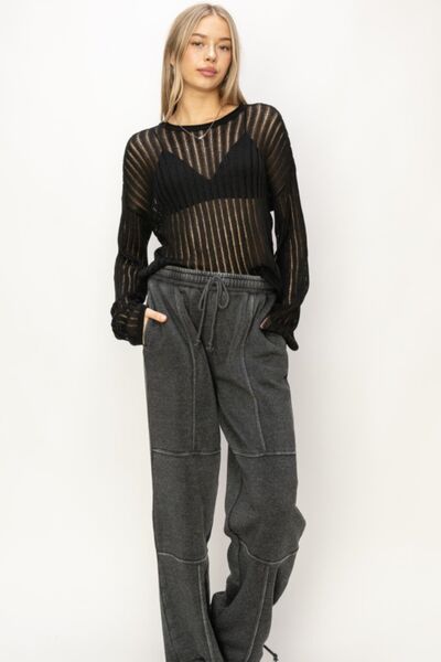 Openwork Ribbed Long Sleeve Knit Top