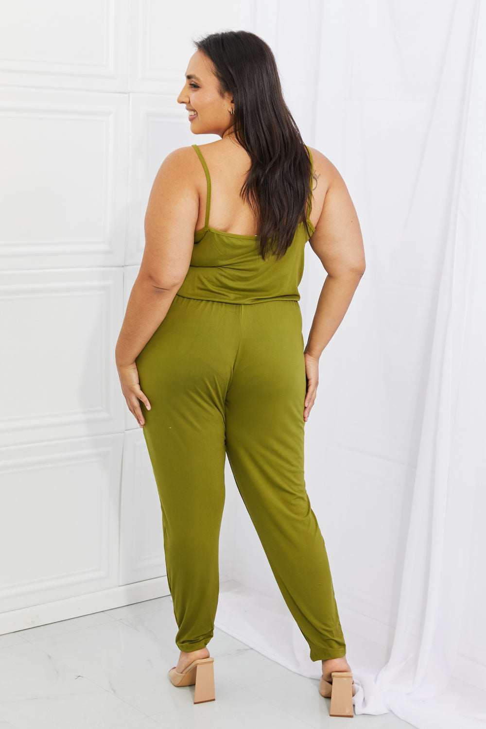 Comfy Casual Full Size Solid Elastic Waistband Jumpsuit in Chartreuse